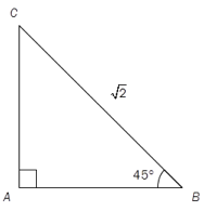 En trekant ABC har vinkel A lik 90 grader, vinkel B lik 45 grader, og lengden BC lik 2^(1/2).